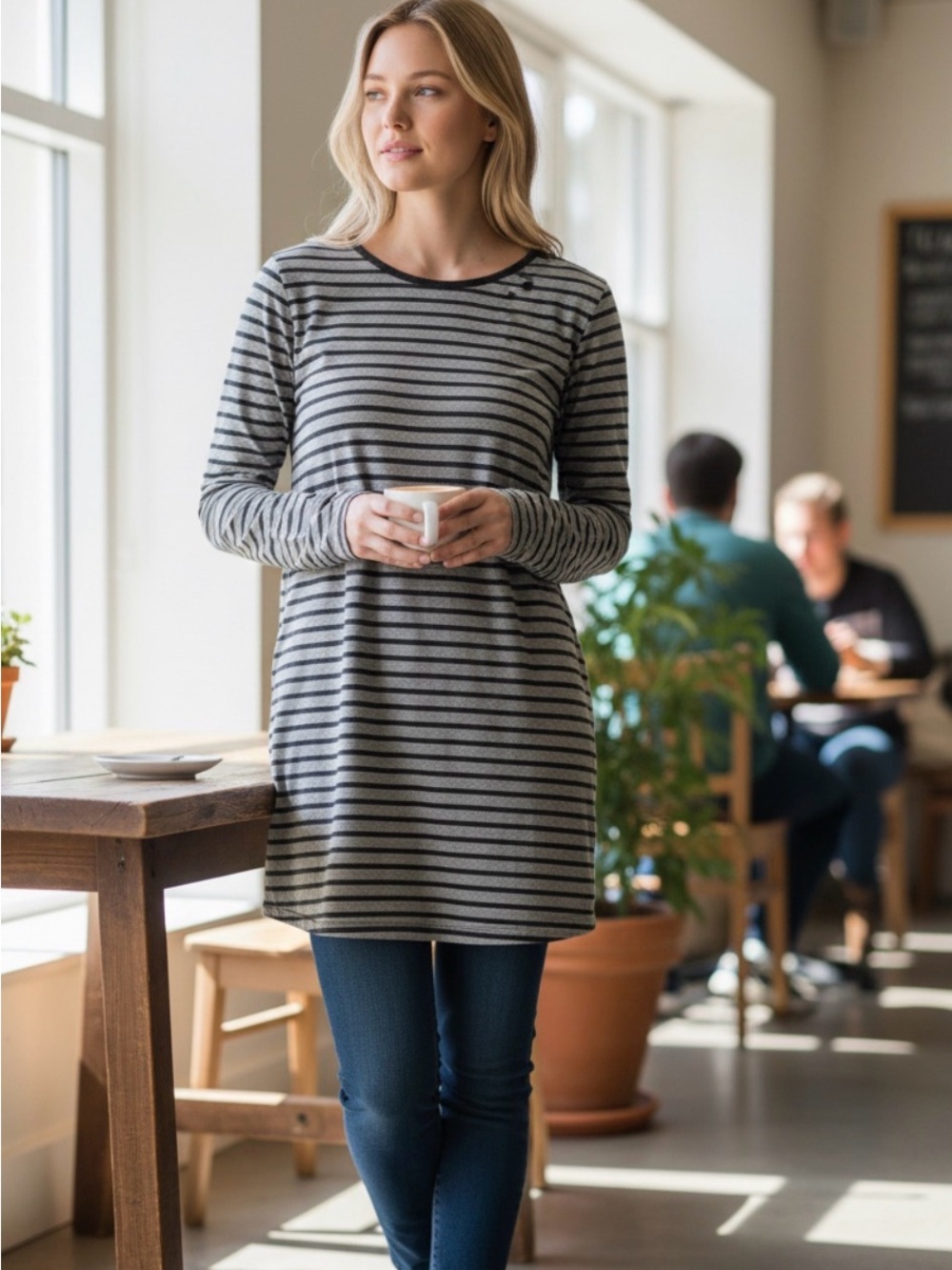 Elegant Black and Gray Striped Women's Long Sleeve Top/Dress
